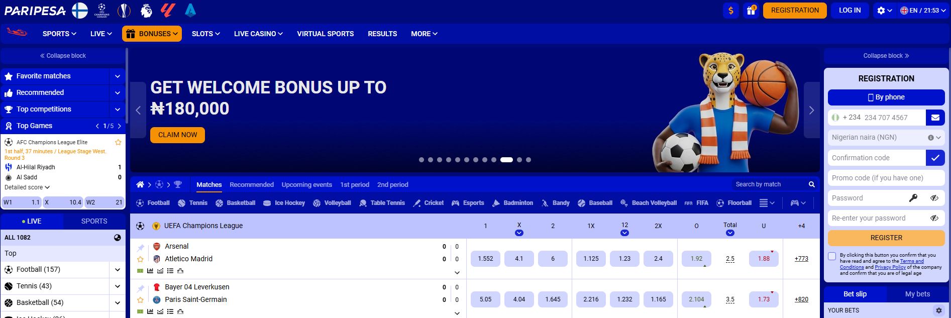 An image of the Paripesa Nigéria homepage page