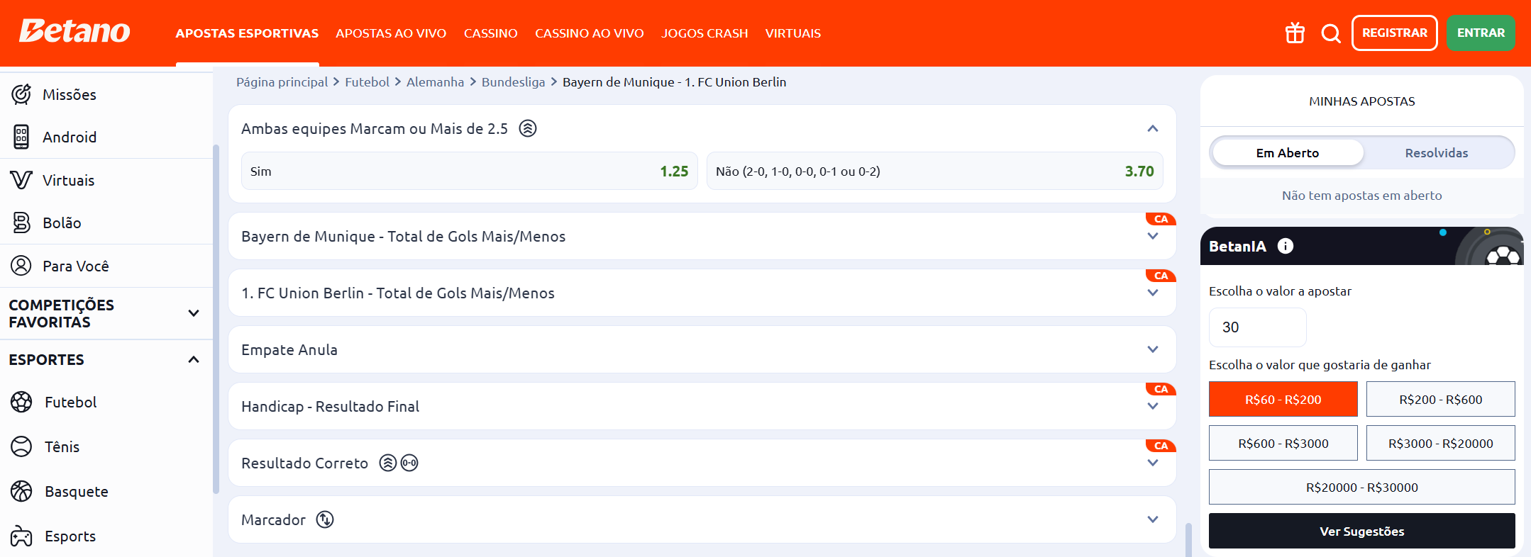 Palpites de opções de mercado de apostas na Betano