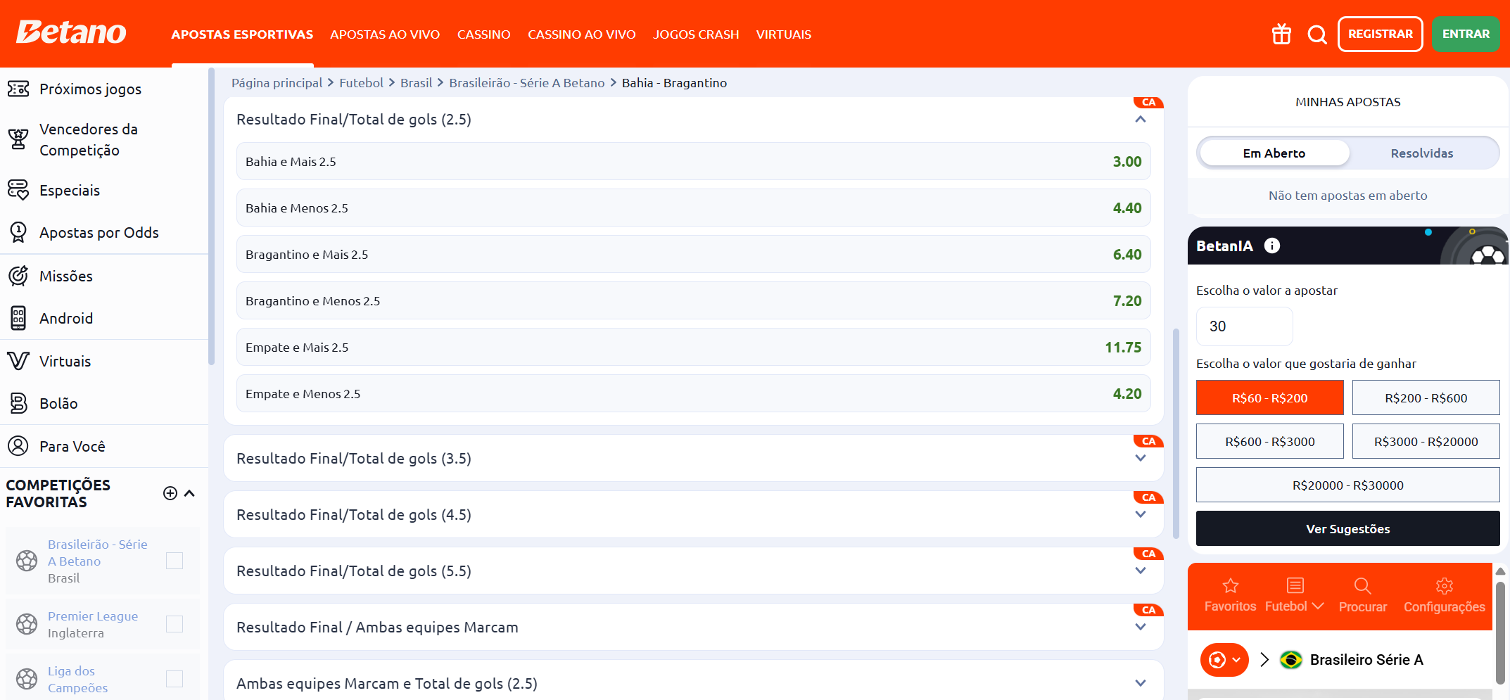 Mais de 2,5 gols na Betano