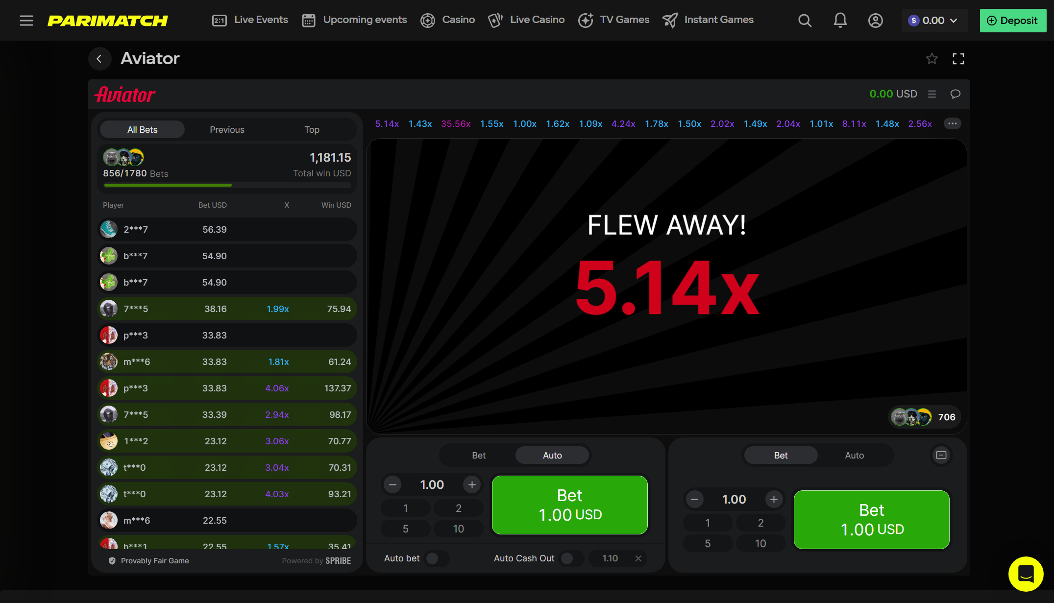 O jogo ao vivo do Aviator