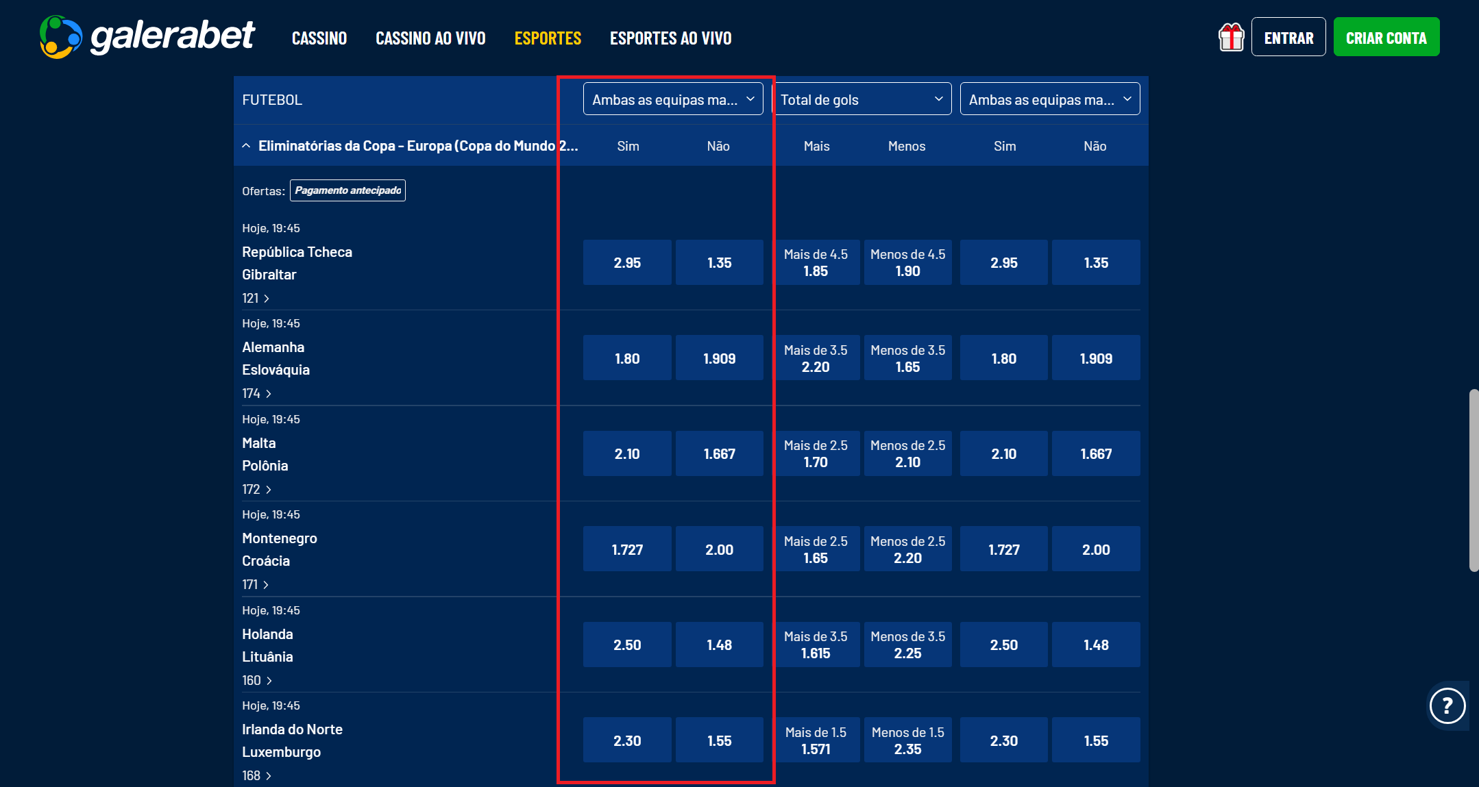 Galerabet versão Desktop