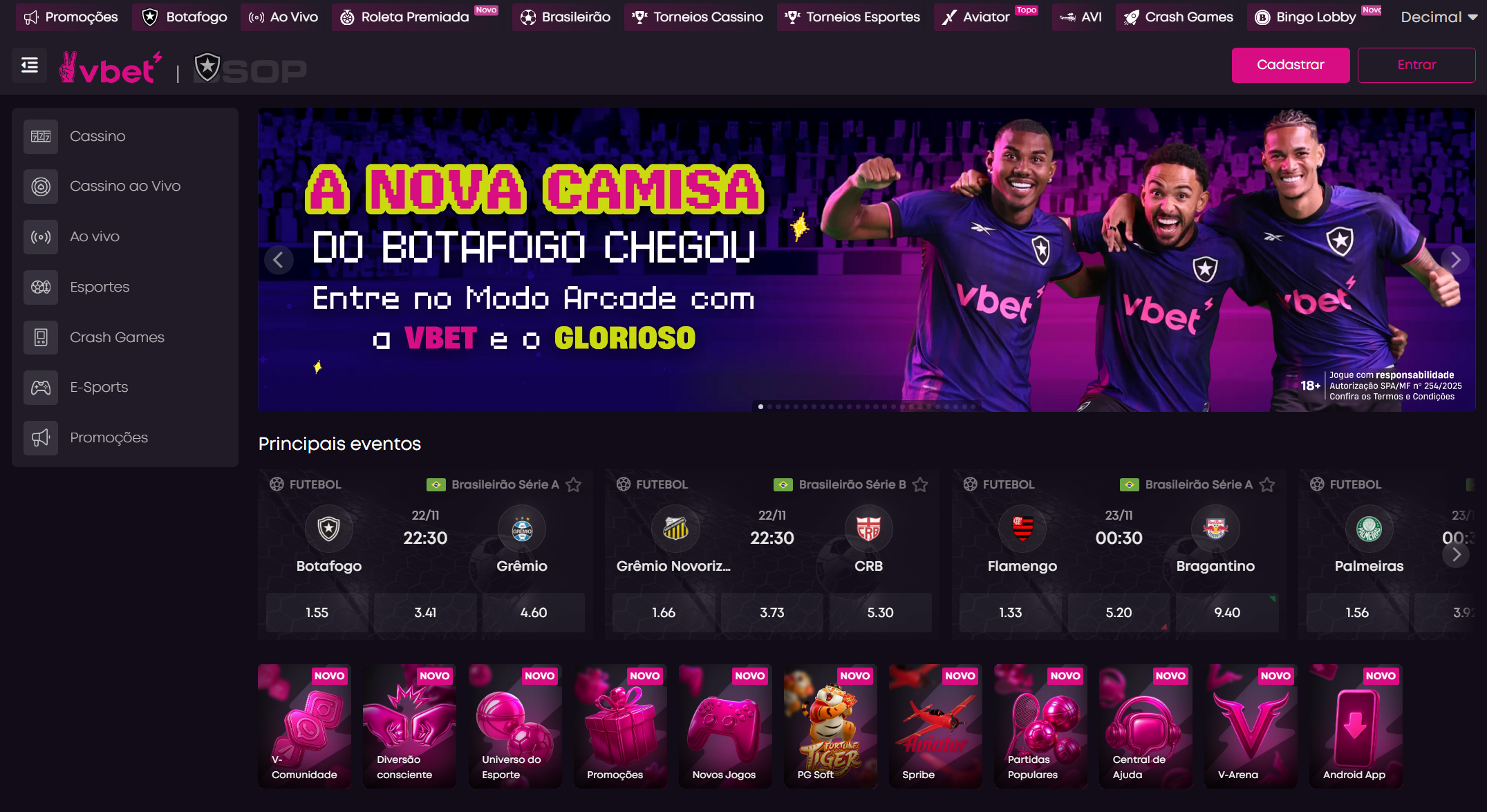 Primeira página do site de apostas da VBet