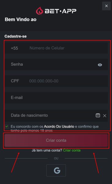 Insira os dados no formulário de cadastro