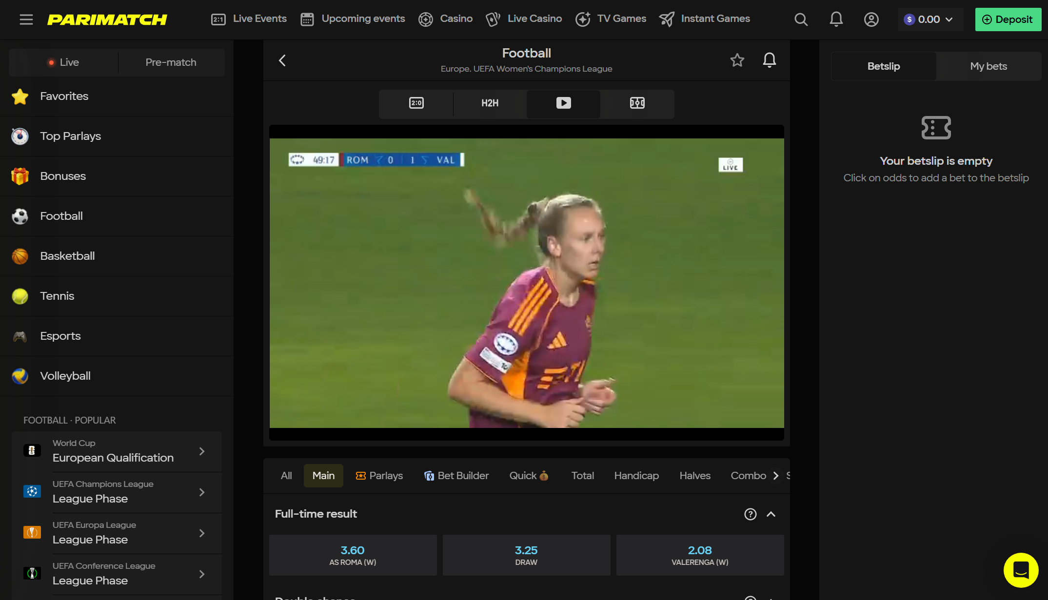 Tela de transmissão ao vivo da Parimatch