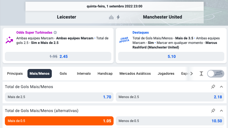 Exemplo aposta total 0,5 gols