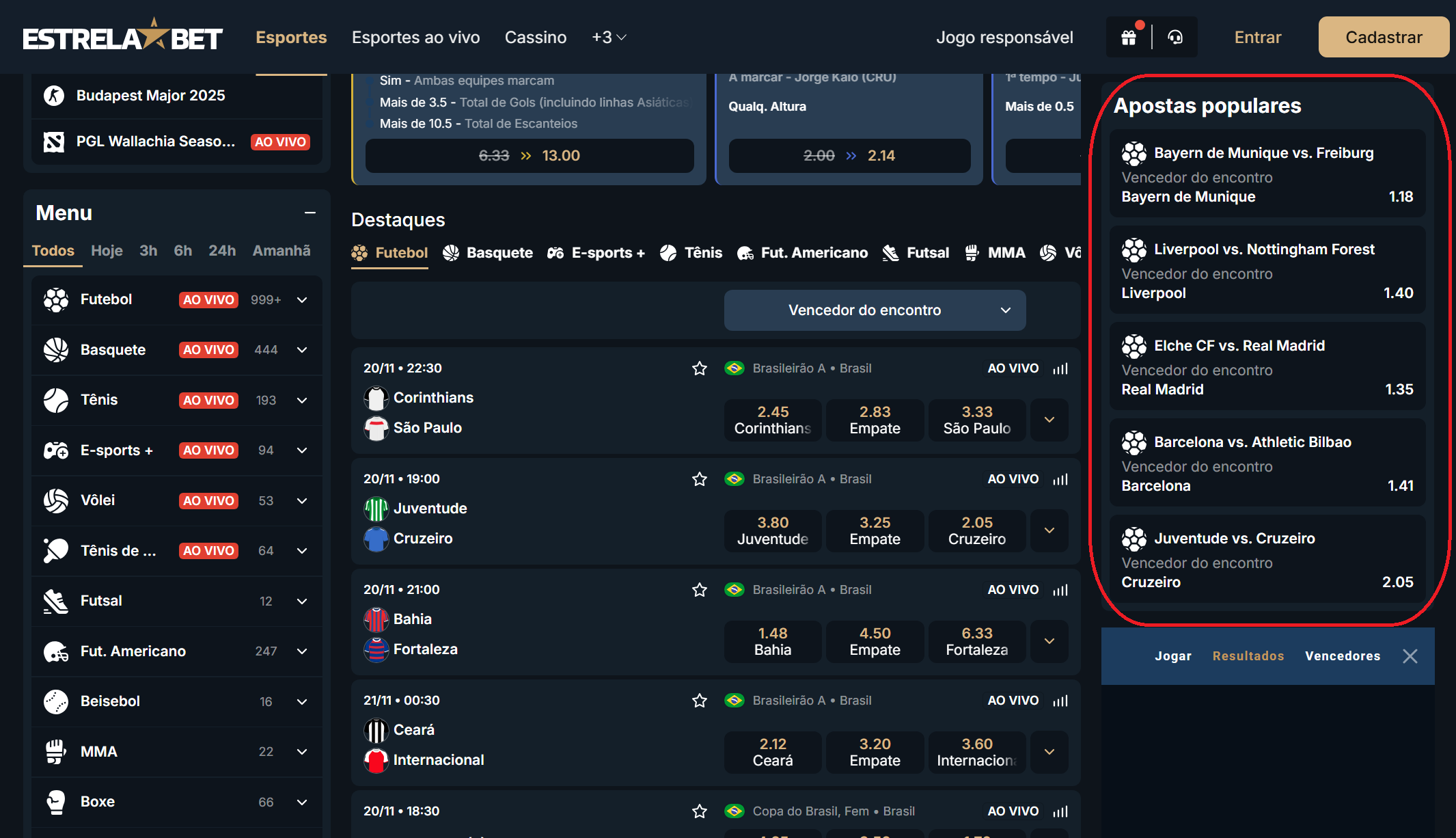 Seção de apostas populares na página inicial da Estrela Bet, na versão Desktop