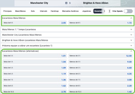 Clique na aba ‘Escanteios’ e escolha uma das alternativas disponíveis