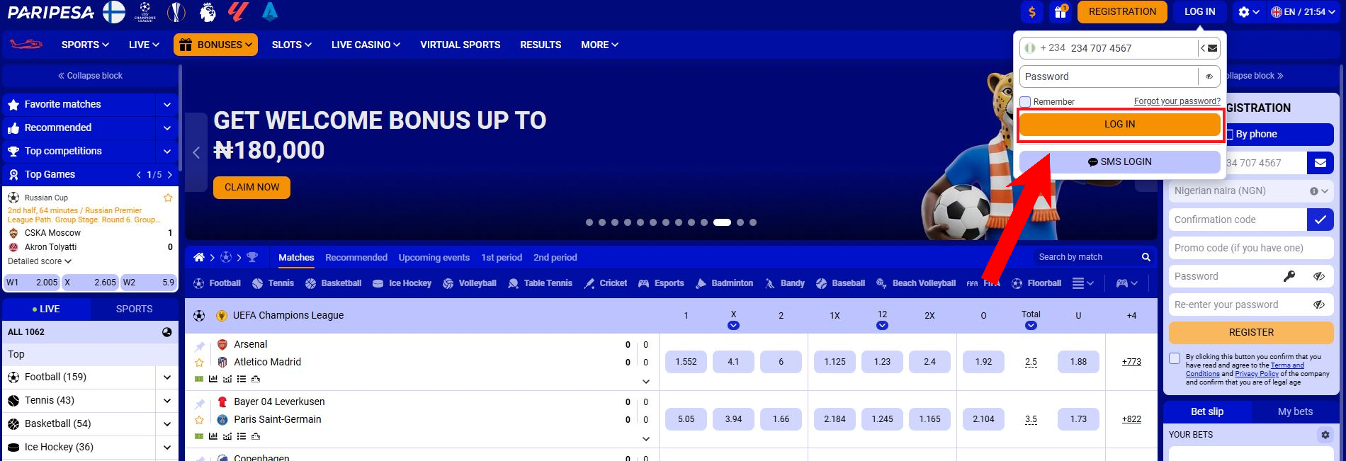 Paripesa Nigéria Login - step 3