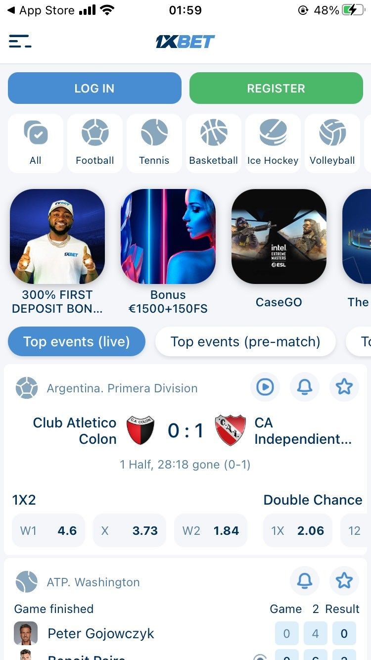 Captura de pantalla de la interfaz de la app 1xbet mostrando opciones de bonos