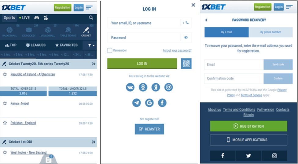 Interface do login 1xbet mobile