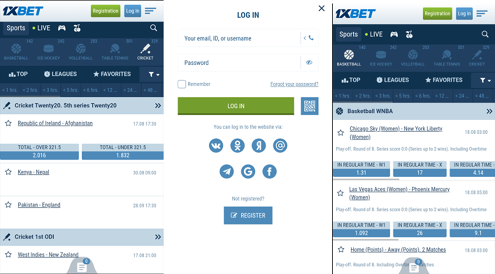 Sk&auml;rmdump av 1xbet inloggningssida p&aring; mobil