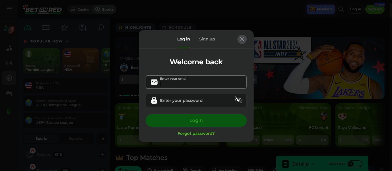 Screenshot der Bet on Red App Oberfläche mit Login-Feld und Spielauswahl auf einem Smartphone