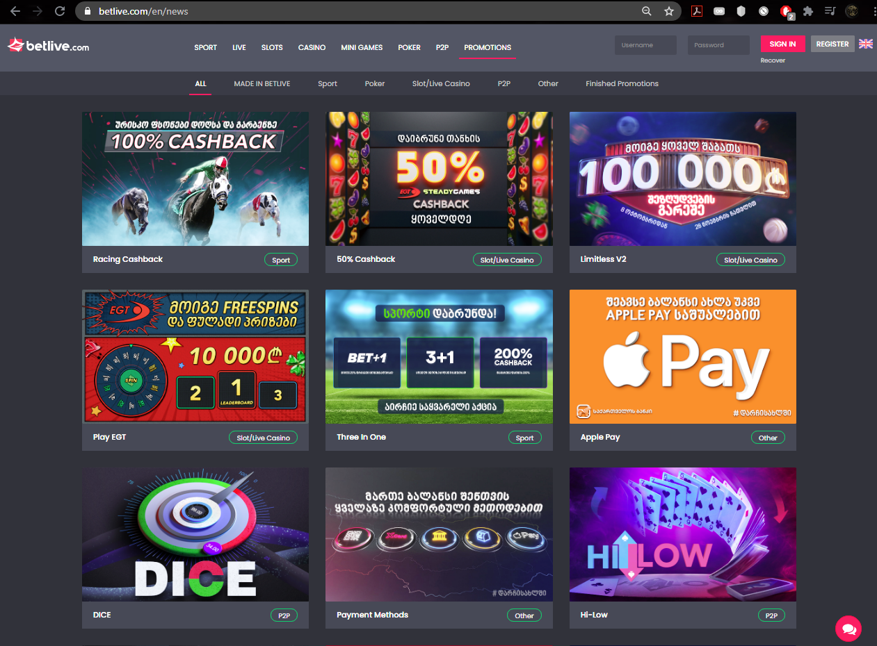 Schermata del casino Betlive