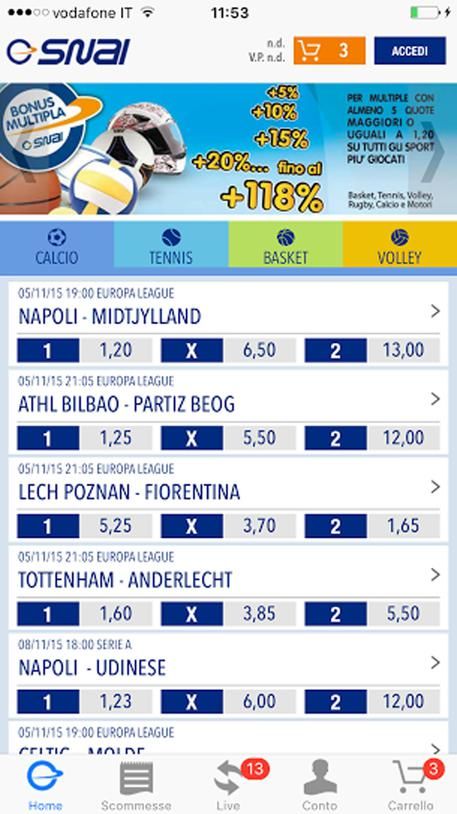 Interfaccia bonus Snai con offerte multiple