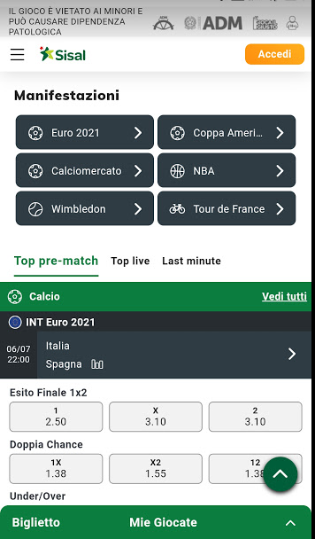 Schermata di login di Sisal
