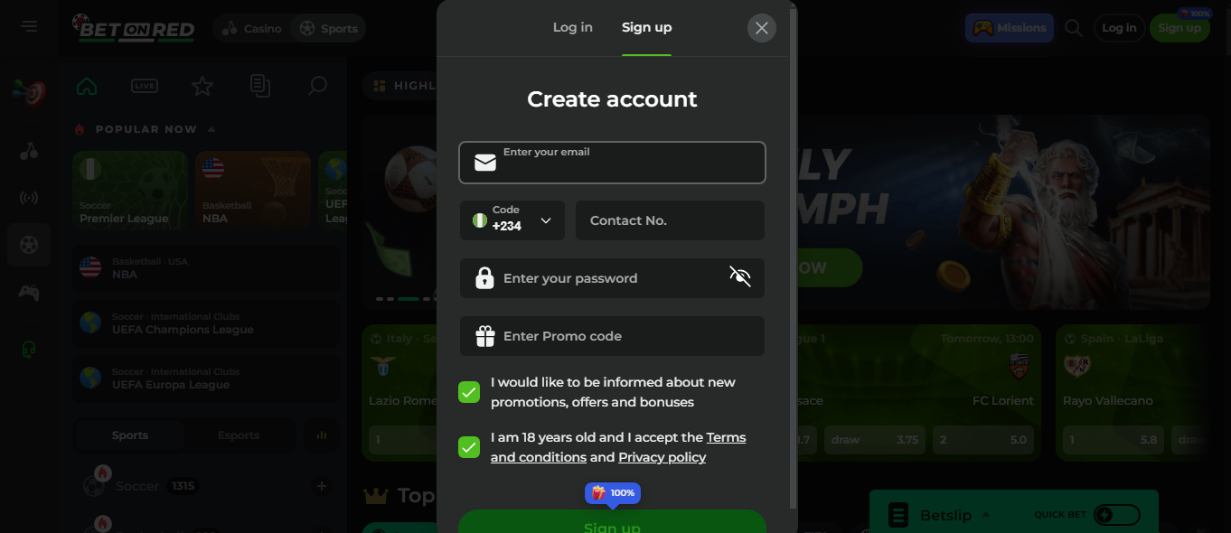 Screenshot der Bet on Red Login-Seite