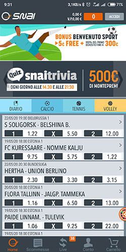 Interfaccia Snai app su dispositivi mobili