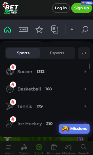 Screenshot der Bet on Red App Oberfläche mit Spielen und Menü