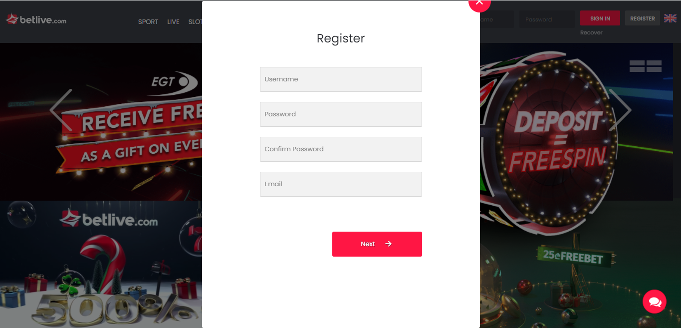 Schermata di login Betlive casino