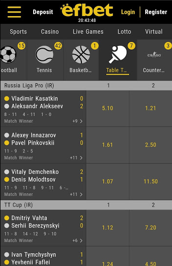 Interfaccia banking Efbet