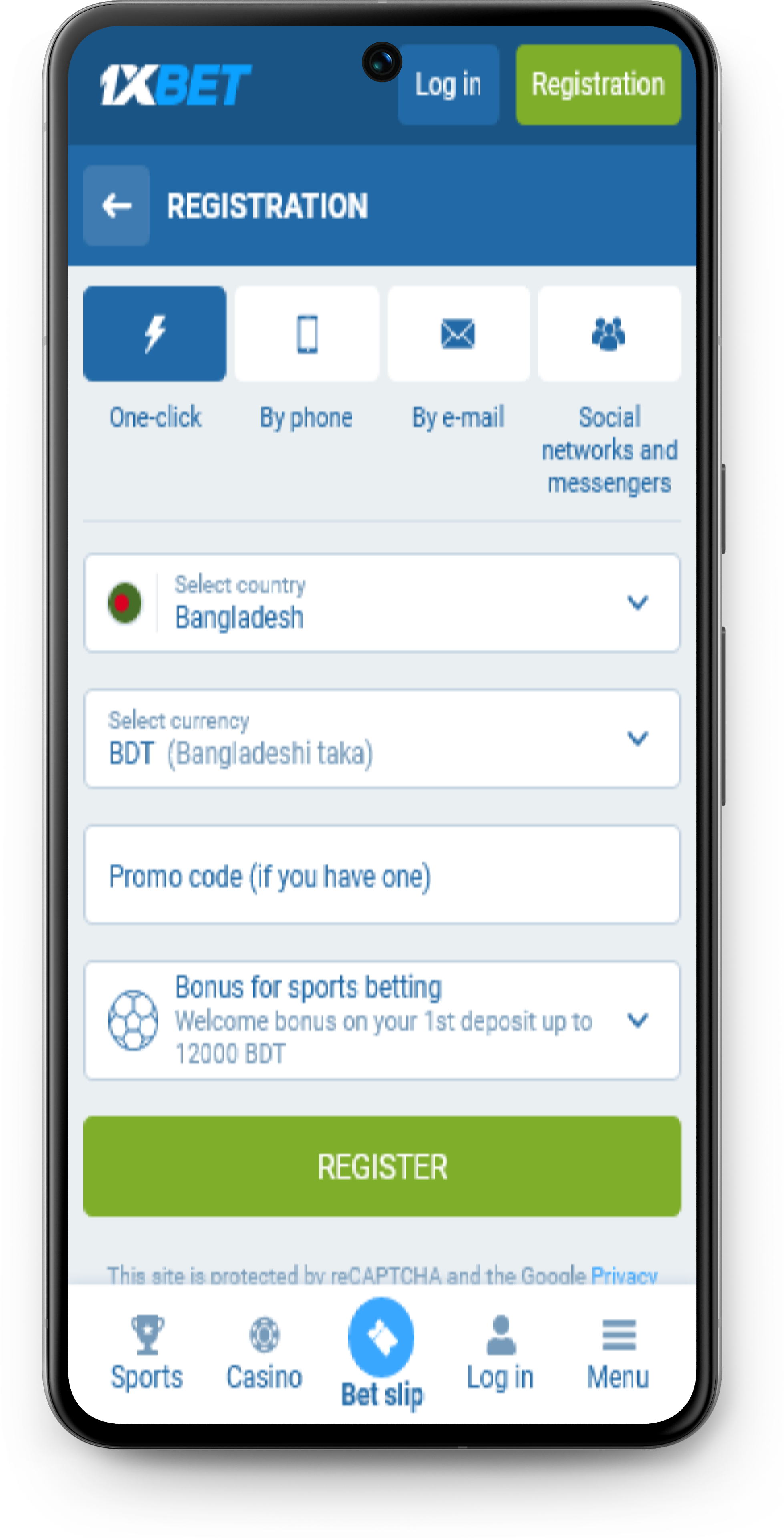 Interfaz de la aplicación 1xbet mostrando menú de juegos