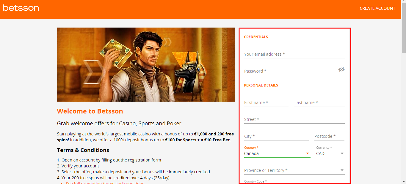 Schermata del login Betsson